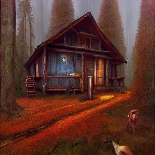 Prompt: a cabin in the woods, smooth, sharp focus, beautifully detailed, vibrant colors, mysterious, surrealist, matte painting, by esao andrews