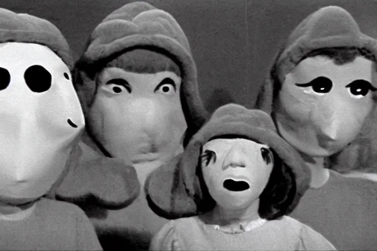 Image similar to still frame from a surreal 1975 children's tv show with people dressed as giant nostrils and sad cloud puppets