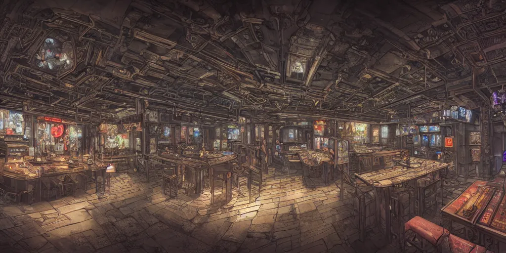 Prompt: Highly detailed realistic photo of interior design in style of minimalism by Hiromasa Ogura and Josan Gonzalez of detailed cyberpunk tavern with stone walls and neon lights, a lot of electronics and people, many details. Natural white sunlight from the transperient roof. Panorama on 360 degrees Rendered in 32K in VRAY and DaVinci Resolve and MAXWELL and LUMION 3D, Volumetric natural light