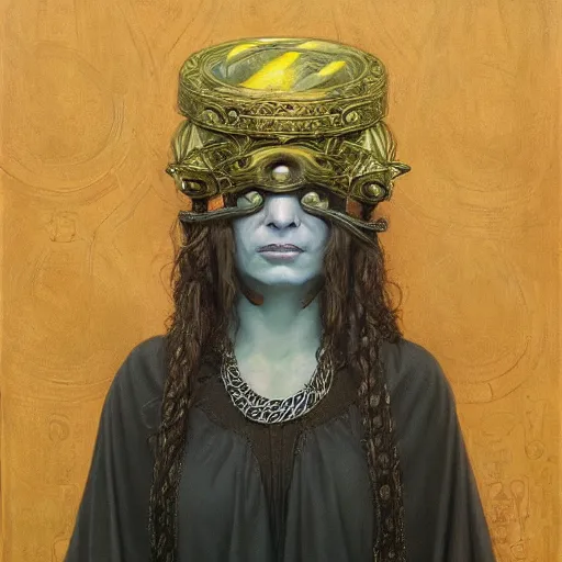 Image similar to portrait of a blindfolded priestess, by gerald brom, donato giancola, and berthold woltze.