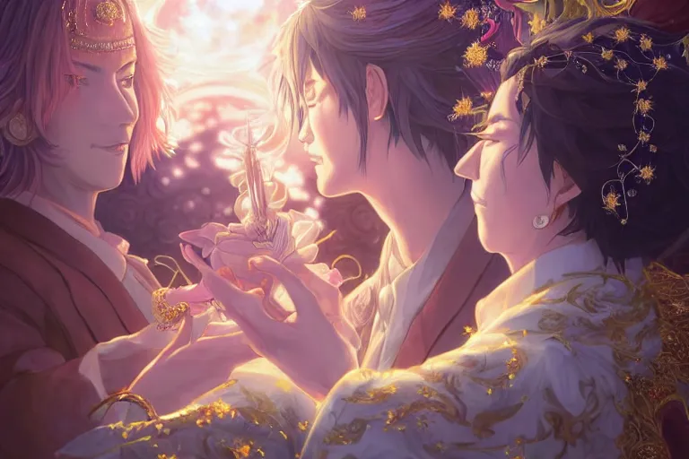 Image similar to a dreamlike portrait of wedding close up moment of a divine a japan sun god and moon goddess lovers magician at a wedding banquet. highly detailed, digital painting, fantasy wedding screen, 8 k realistic, hyper detailed, by makoto shinkai and akihiko yoshida and hidari and wlop