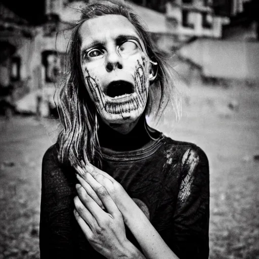 Prompt: award winning photo of some despair as cronenberg would depict it, she is 2 3, skinny and beautiful and listens to oathbreaker, she is deaf but still hears, photo, black and white, the background is devastated by pollution, insanely detailed, on her arm she has a tattoo that reinvents humanity, foggy like in norwegian black metal aesthetic