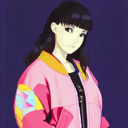 Image similar to a beautiful plus sized model japanese natalie portman, alluring, wearing oversized mayan bomber jacket and leotard with overalls, bulky poofy bomber jacket with mayan patterns, aztec street fashion, gapmoe yandere grimdark, trending on pixiv fanbox, painted by greg rutkowski makoto shinkai takashi takeuchi studio ghibli, akihiko yoshida
