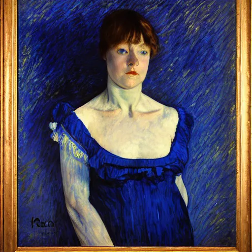 Image similar to palette knife oil painting portrait of a ivory girl in an haunted liminal blue and gold room, film still by goya, by henri de toulouse - lautrec, by klimt, by pontormo, extreme detail, liminal aesthetic, artgerm, deviant art, octane, substance, art history 8 k, art nouveau