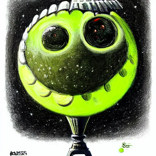 Image similar to a tennis ball monster ,tennis ball, spacetime, chalk, digital art, fantasy, magic, trending on artstation, ultra detailed, professional illustration by Basil Gogos