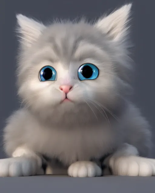 Image similar to cute fluffy kitten looking into the camera, big eyes, 3 d render, pixar style, octane render, very detailed
