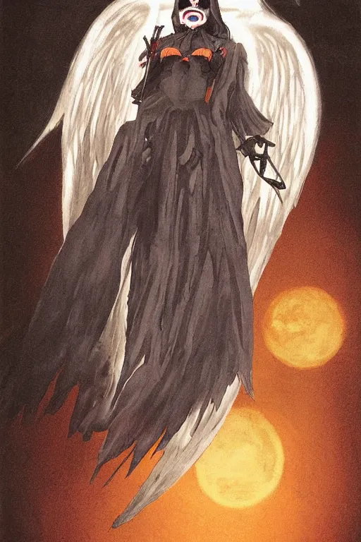 Image similar to angel of death smiling in the dark night, art by takeshi ohbata