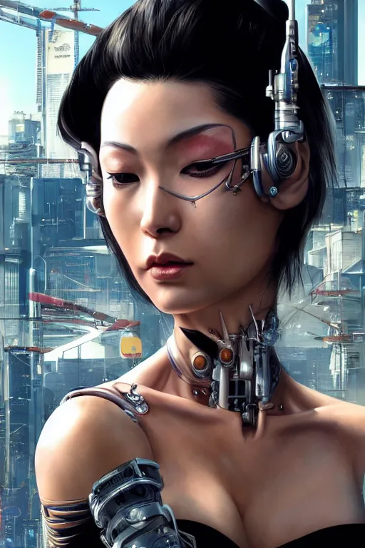 Prompt: Photorealistic illustration, full body geisha cyborg woman, with fashion clothe, six digital eyes by sorayama , cyberpunk 2077, sci-fi, futuristic, intricate, elegant, highly detailed, digital painting, artstation, concept art, smooth, sharp focus, art by artgerm, greg rutkowski and alphonse mucha