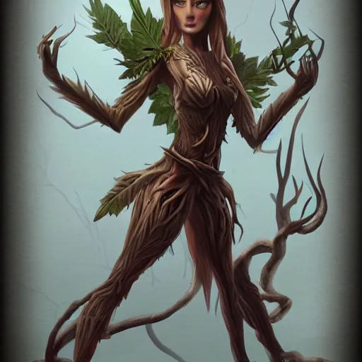 Image similar to female elf, tree person, warhammer aelf dryad, dynamic pose, elongated legs, long fingers, talons, terrifying, dark, fog, artstation