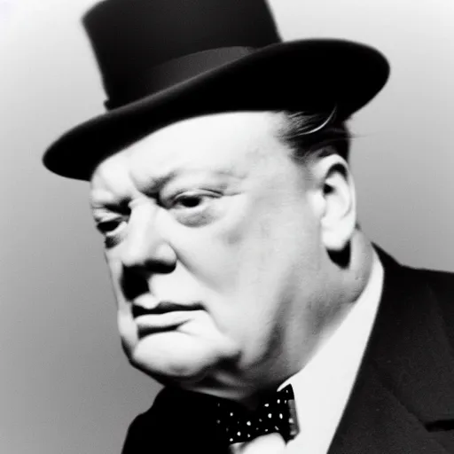 Image similar to A black and white photograph, circa 1940s, of Winston Churchill using a smartphone