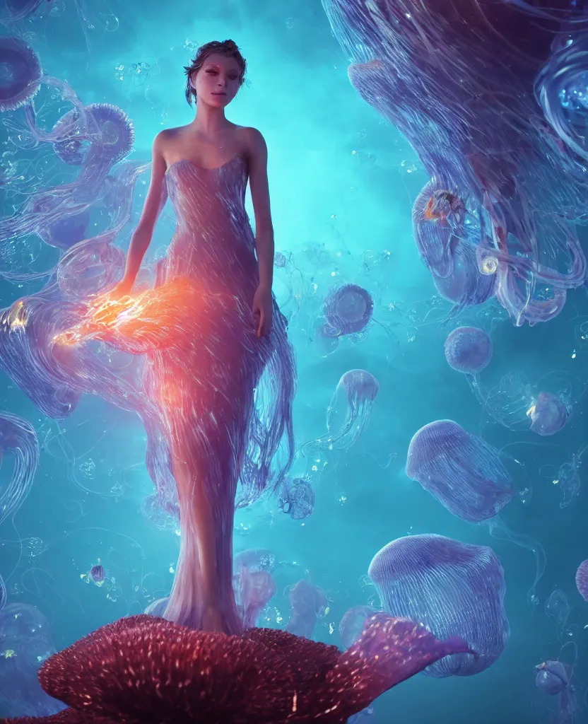 Image similar to close-up portrait of a beautiful princess floating in ethereum surrounded by floating jellyfish, energy flows of fire and water, flashes of plasma, 3d with depth of field, blurred background, a highly detailed epic cinematic concept art CG render. made in Maya, Blender and Photoshop, octane render, excellent composition, cinematic dystopian brutalist atmosphere, dynamic dramatic cinematic lighting, aesthetic, very inspirational, arthouse. y Greg Rutkowski, Ilya Kuvshinov, WLOP, Stanley Artgerm Lau, Ruan Jia and Fenghua Zhong