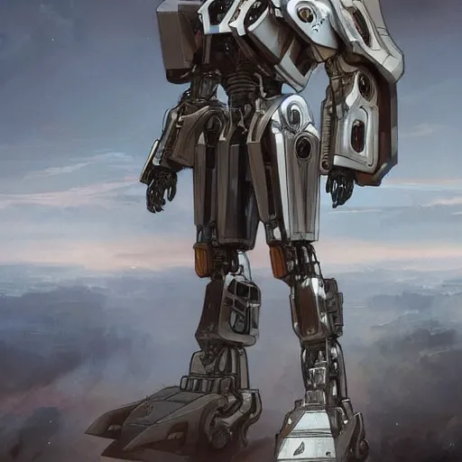 Image similar to a full length portrait of a giant autonomous polished steel battle mecha, a moody sci - fi painting art by artgerm and greg rutkowski and alphonse mucha, trending on artstation, smooth arstation, detailed, highly detailed matte painting, cinematic