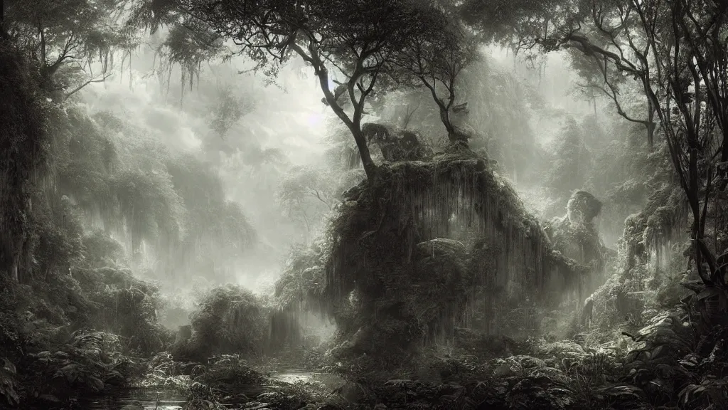 Image similar to dangerous jungle. edward gorey, andreas achenbach, artgerm, mikko lagerstedt, zack snyder, tokujin yoshioka