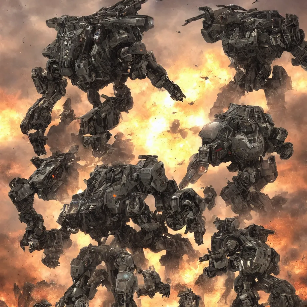 Image similar to war mechs fighting, mech battlefield, wartorn, desolate gloomy planet, science fiction