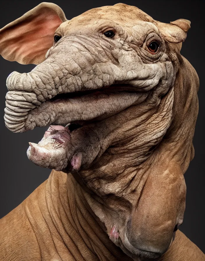 Prompt: portrait of muscular animal human merged head skin, solid background, scales skin dog, cat merged elephant head cow, chicken face morphed fish head, gills, horse head animal merge, morphing dog head, animal eyes, merging crocodile head, anthropomorphic creature