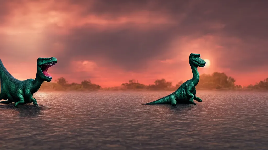 Image similar to a dinosaur swimming in lake barbies city, sunset lighting, rim light, hyper realistic, 1 0 5 mm, cinematic frame