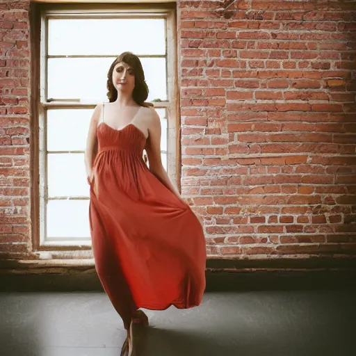 Image similar to a photo of a beautiful brown hair woman in a sun dress in a studio, an industrial studio with large windows and red brick walls, medium shot, 85mm lens, Kodak Portra 400 film, trending on Instagram