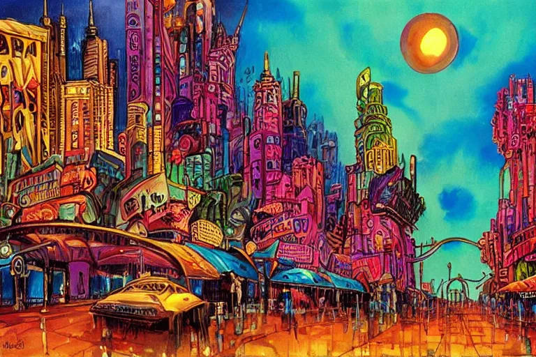 Image similar to surreal colorful nightmarish cityscape, artwork by Ralph Bakshi