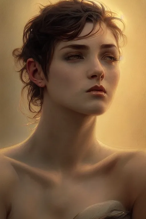 Image similar to photorealistic portrait of a young butch fae woman, handsome, female, masculine, upper body, fantasy, fierce, sharp features, intricate, elegant, highly detailed, digital painting, artstation, concept art, matte, sharp focus, illustration, art by artgerm and greg rutkowski and alphonse mucha