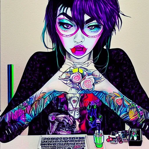 Prompt: goth guy sitting at computer in cluttered room, by harumi hironaka, aesthetic!!!,