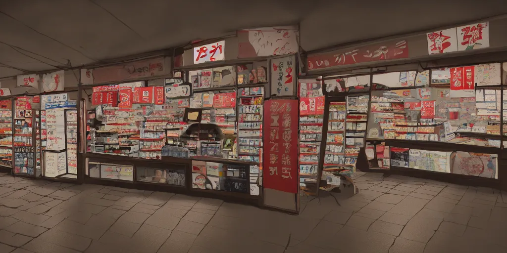 Image similar to interior of a japanese convenient store after midnight, large windows with a view of a parking lot, grey interior, low lights, old television with static noise in the pathway, creepy atmosphere, desolate, cinematic, cyberpunk, 8 k, trending on artstation