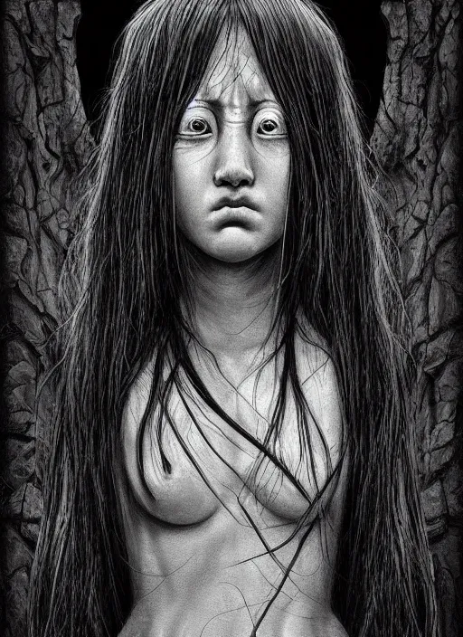 Image similar to digital _ painting _ of _ the grudge horror black and white _ by _ filipe _ pagliuso _ and _ justin _ gerard _ symmetric _ fantasy _ highly _ detailed _ realistic _ intricate _ port