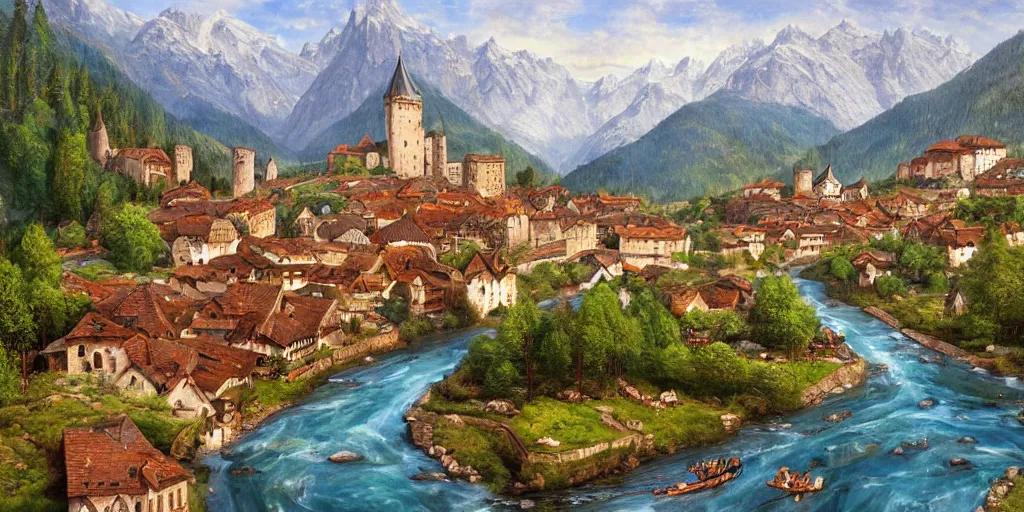 Image similar to view of medieval walled city nestled in a mountain with small river flowing through center, large castle high up in a mountain peak in the background, alpine architecture, half - timbered, chalet, soft colors, cozy, very beautiful, intricate, majestic, concept art, artgerm, james gurney, trending on art station