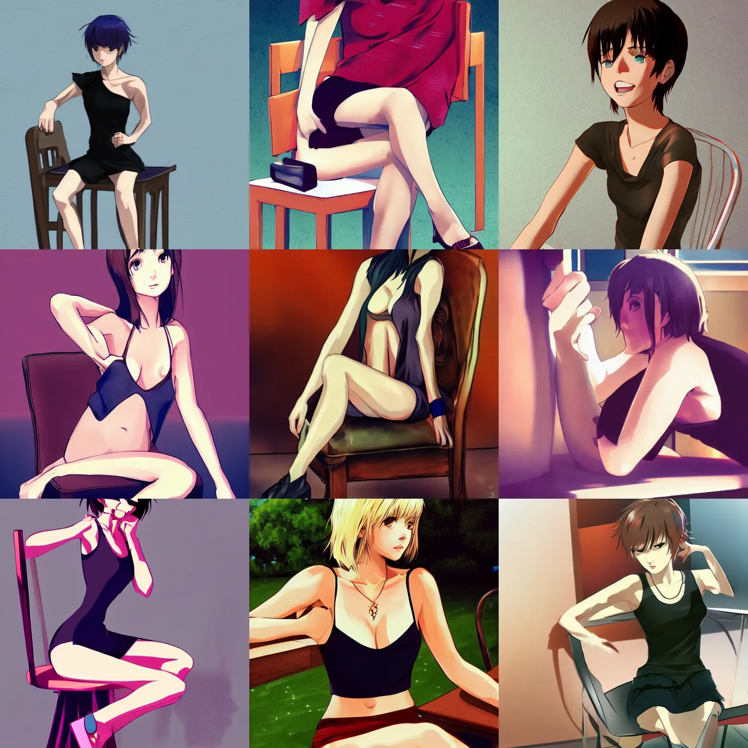 Prompt: sexy girl wearing a low cut tanktop, sitting on a chair, artstyle : high definition anime and ilya kuvshinov