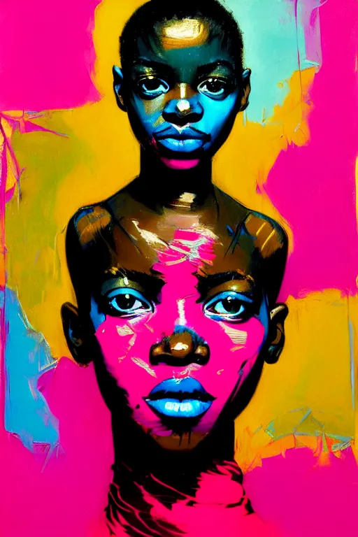 Image similar to portrait of a stylized african young lady, painted in acrylic, pigment textures, wet paint, in the colors hot pink and cyan, beautiful realistic face, rule of thirds, spotlight, by greg rutkowski, by jeremy mann, by francoise nielly, by van gogh, by ross tran, in focus