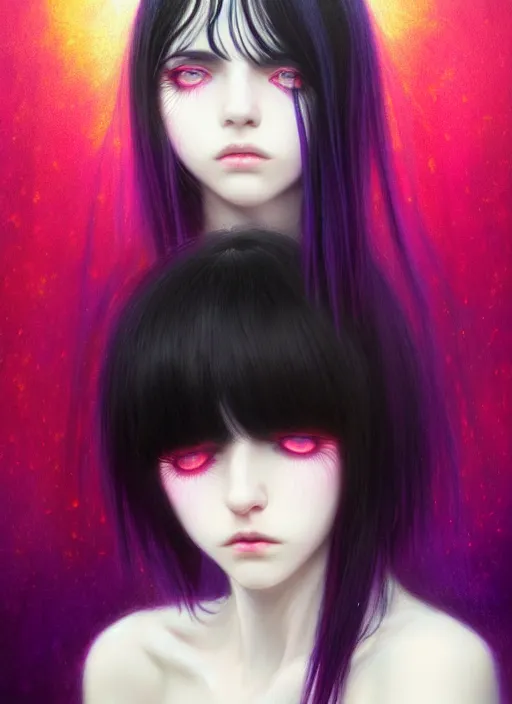 Image similar to hair blackbangs hair, white hair, blackbangs, portrait of teenage girl with white hair, red irises, purple clothes, black bangs, bangs are different color from hair, intricate, elegant, glowing lights, highly detailed, digital painting, artstation, concept art, smooth, sharp focus, illustration, art by wlop, mars ravelo and greg rutkowski