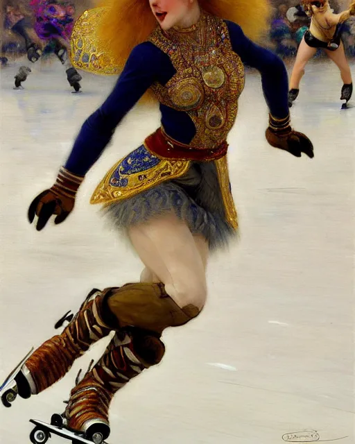 Image similar to white female anthro wolf skating at a roller derby, 4 k, trending on artstation, very expressive detailed face, energetic, action, motion blur, by gaston bussiere, craig mullins, j. c. leyendecker, gustav klimt, artgerm, greg rutkowski, alphonse mucha