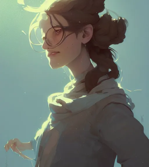 Image similar to portrait of a female alchemist, disheveled hair, by atey ghailan, by greg rutkowski, by greg tocchini, by james gilleard, by joe fenton, by kaethe butcher, dynamic lighting, gradient light blue, brown, blonde cream and white color scheme, grunge aesthetic