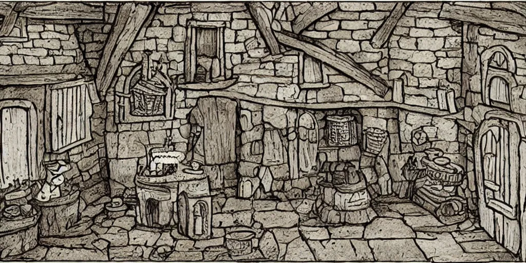 Prompt: medieval cottage interior, fantasy hand - drawn animation