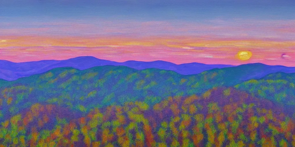 Prompt: a modern painting of the appalachian mountains panoramic, bright, summer, wide - angle purple hues sunset