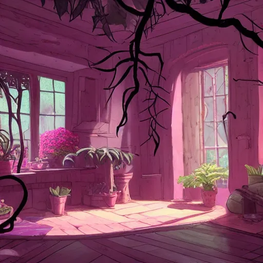 Prompt: concept art painting of a interior of a cozy alien fantasy cottage, with black vines and magenta houseplants, round windows, realistic, detailed, cel shaded, dark, in the style of makoto shinkai and greg rutkowski and james gurney