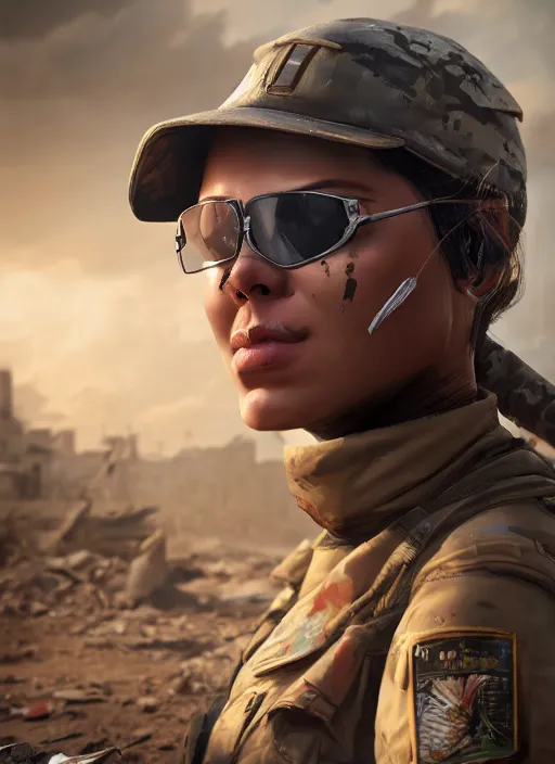 Prompt: A comic book style portrait painting of a female soldier wearing cap and sunglasses in a post apocalyptic setting, unreal 5, DAZ, hyperrealistic, octane render, RPG portrait, dynamic lighting