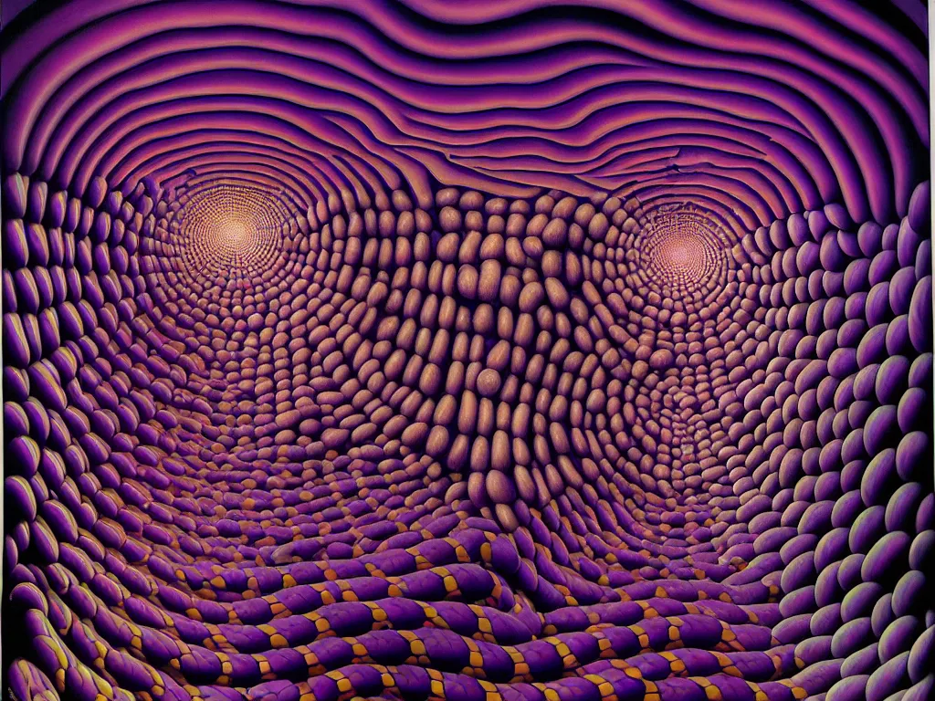 Image similar to hyper realistic painting by chuck close and simon bisley, basil wolverton, depth perception, cinematic horror, kaleidoscopic, dramatic lighting, brightly lit purple room, a web made of snakes