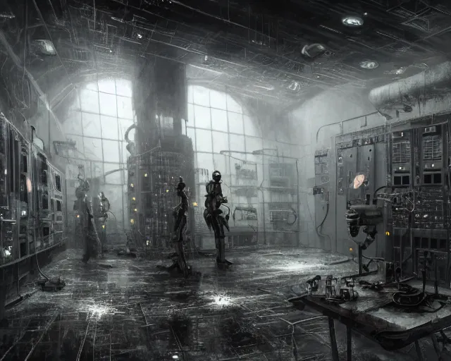 Image similar to gloomy ruined server room in datacenter robot figure automata rusty steel robot knight colossus welder pacing fixing soldering mono sharp focus, emitting diodes, smoke, artillery, sparks, racks, system unit, motherboard, by pascal blanche rutkowski repin artstation hyperrealism painting concept art of detailed character design matte painting, 4 k resolution blade runner