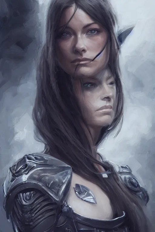 Image similar to a professional painting of a young Olivia Wilde, clothes in military armor, olive skin, long dark hair, beautiful bone structure, symmetrical facial features, intricate, elegant, digital painting, concept art, smooth, sharp focus, illustration, from StarCraft by Ruan Jia and Mandy Jurgens and Artgerm and William-Adolphe Bouguerea