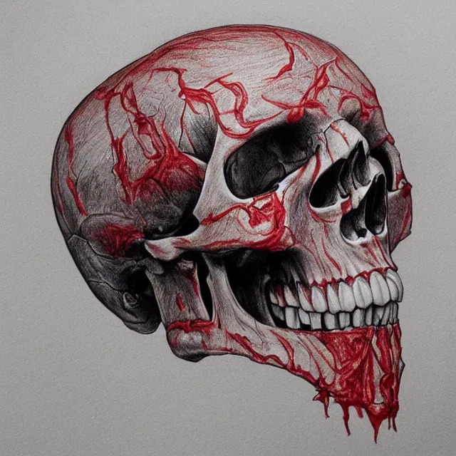 Prompt: bloody skull, anatomical illustration, colored pencils and pen