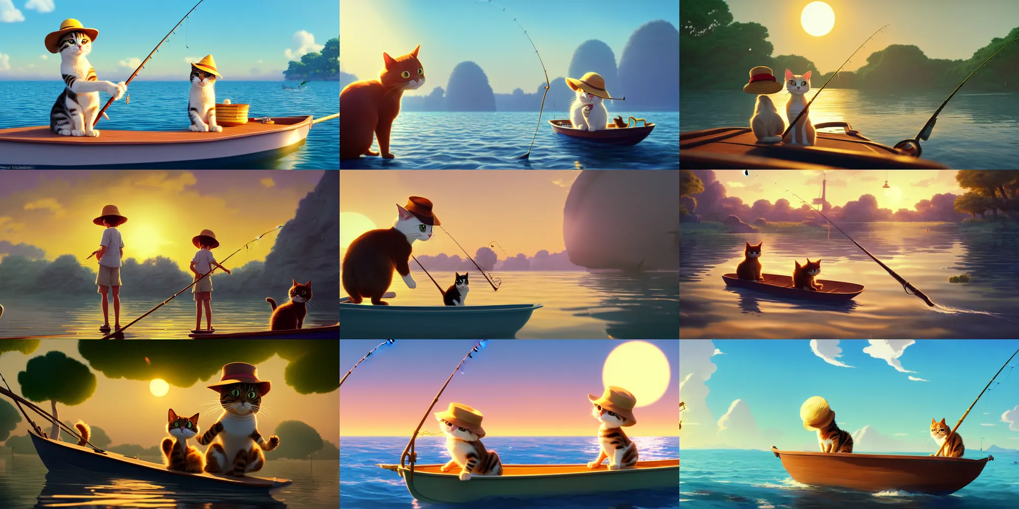 Prompt: a wholesome animation key shot of a cute cat wearing a sunhat is fishing on a boat, golden hour, studio ghibli, pixar and disney animation, sharp, rendered in unreal engine 5, anime key art by greg rutkowski, bloom, dramatic lighting