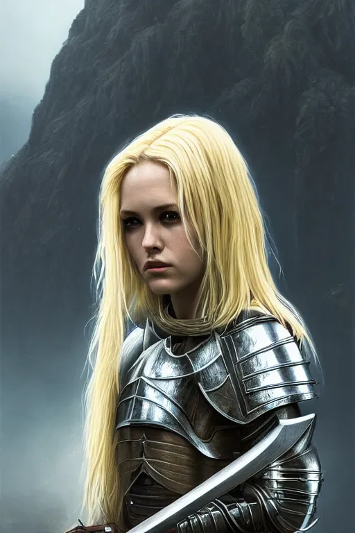 Prompt: female knight in the wild nature, dressed, blonde hair, symmetry, sci - fi, dark fantasy, perfect light and composition, 4 k, ultra hd, sense of awe, highly detailed, realistic, intricate, created by wayne barlowe