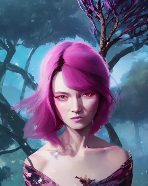 Image similar to a highly detailed digital art of A beautiful woman, with medium length magenta hair covering an eye, and a tall tree, and large obsidian crystals, cinematic lighting, dramatic atmosphere, by Dustin Nguyen, Akihiko Yoshida, Greg Tocchini, Greg Rutkowski, Cliff Chiang, 4k resolution, trending on artstation