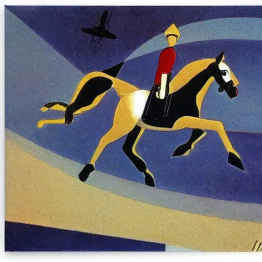 Image similar to horse flying over an austronaut that stays on the ground. by kazimir malevich