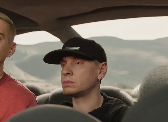 Image similar to a very high resolution image from a new movie, eminem in a car car. inside of a car. alone. mountains, directed by wes anderson