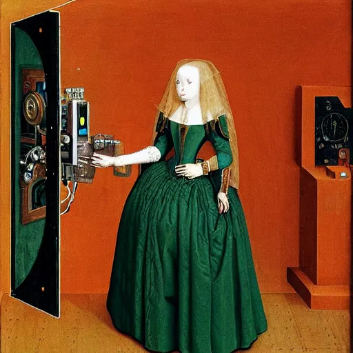 Prompt: a portrait of cyborg princess jacked into a man-machine interface by Jan van Eyck