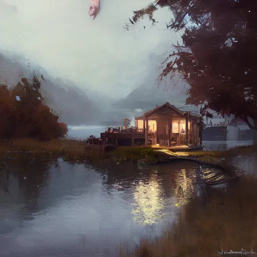 Prompt: a house by the lake, painted by raymond swanland, painted by greg rutkowski, painted by jeremy mann, painted by artgerm, painted by igor kieryluk, trending on artstation