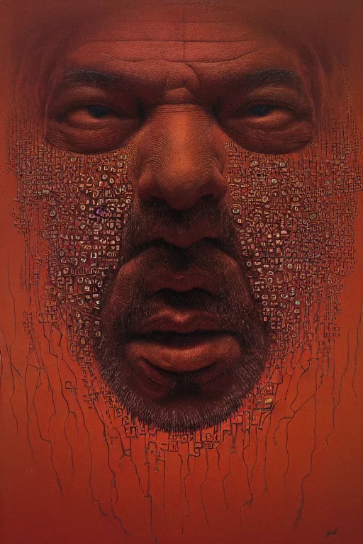Image similar to ascii, hyperrealism oil painting, close - up portrait of a scary ai weiwei with ten eyes and mandibles, in style of baroque zdzislaw beksinski