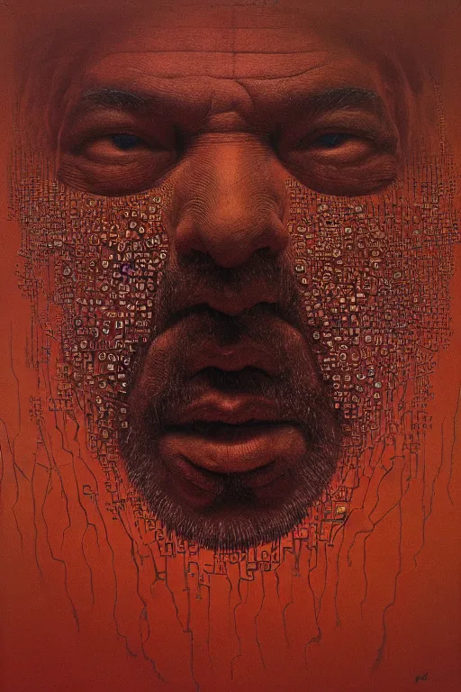 Prompt: ascii, hyperrealism oil painting, close - up portrait of a scary ai weiwei with ten eyes and mandibles, in style of baroque zdzislaw beksinski