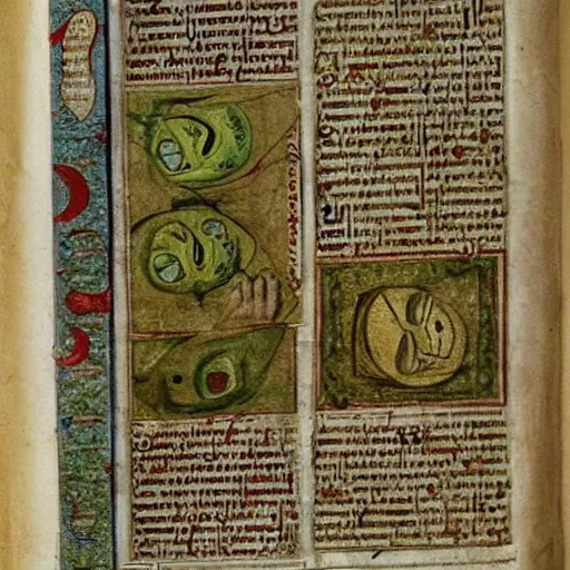 Image similar to page from a 1 4 th century monk's manuscript illustrating the holy scripts of!! pepe the frog!!